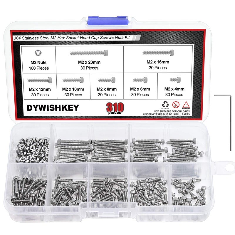DYWISHKEY 310 Pieces M2 x 4mm/6mm/8mm/10mm/12mm/16mm/20mm  Stainless Steel 304 Hex Socket Head Cap Bolts Screws Nuts Kit with Hex Wrench - Image 1